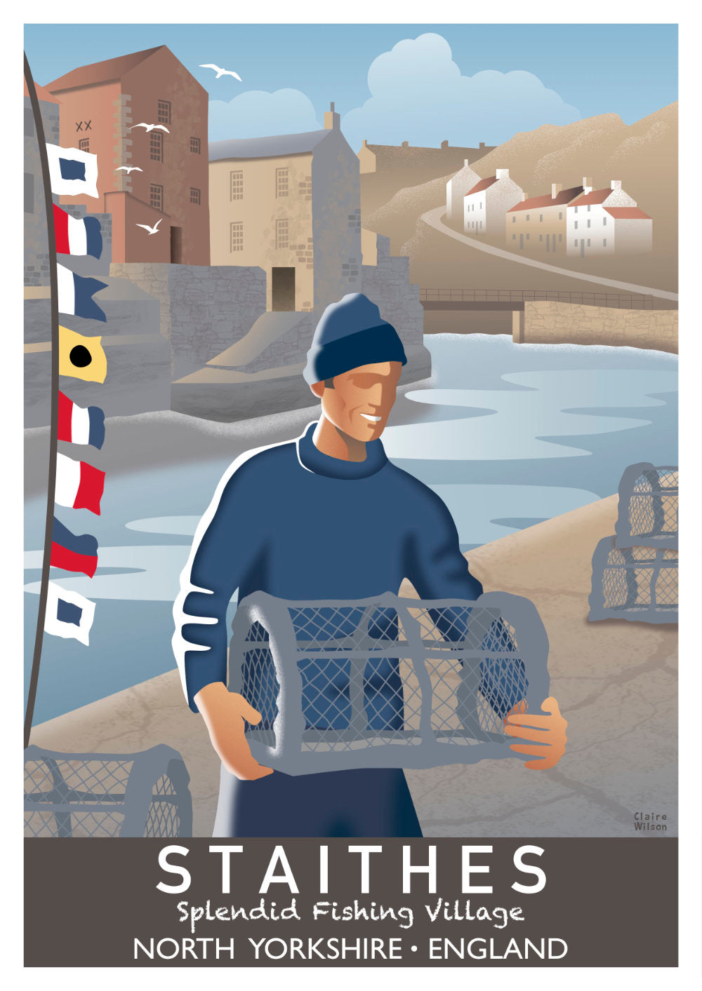 Colourful art print of a fisherman carrying a lobster basket, with nautical flags at a harbour, and Staithes village buildings in the background