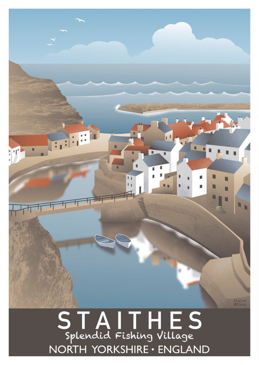 Colourful art print of the quaint old houses at Staithes fishing village by the sea