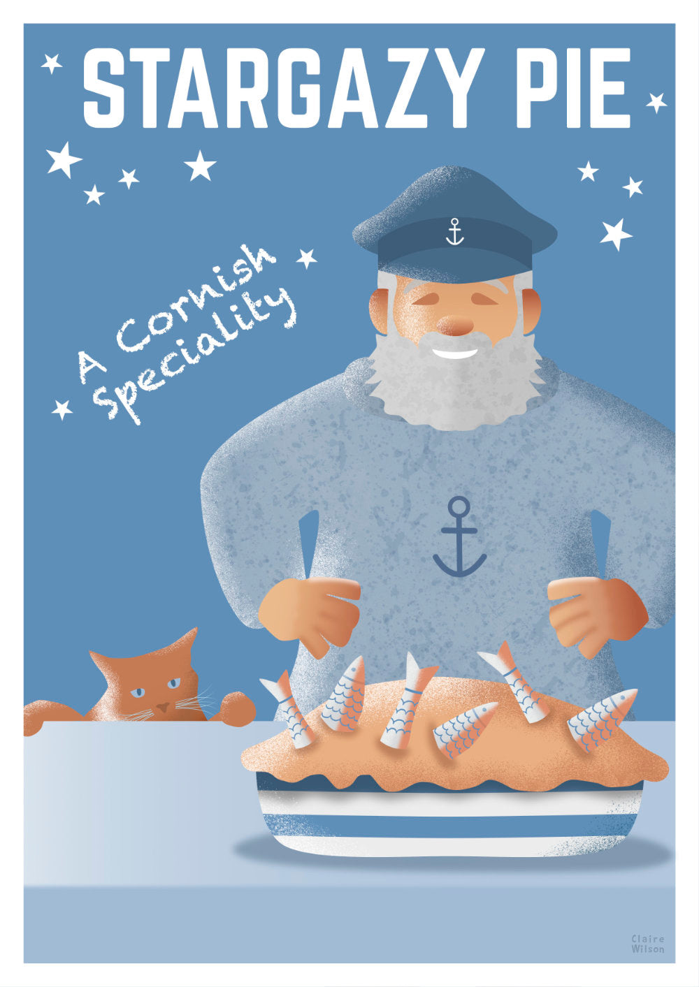 Colourful art print of a fisherman in light blue sweater and a supper of stargazy pie, with a cat in the background