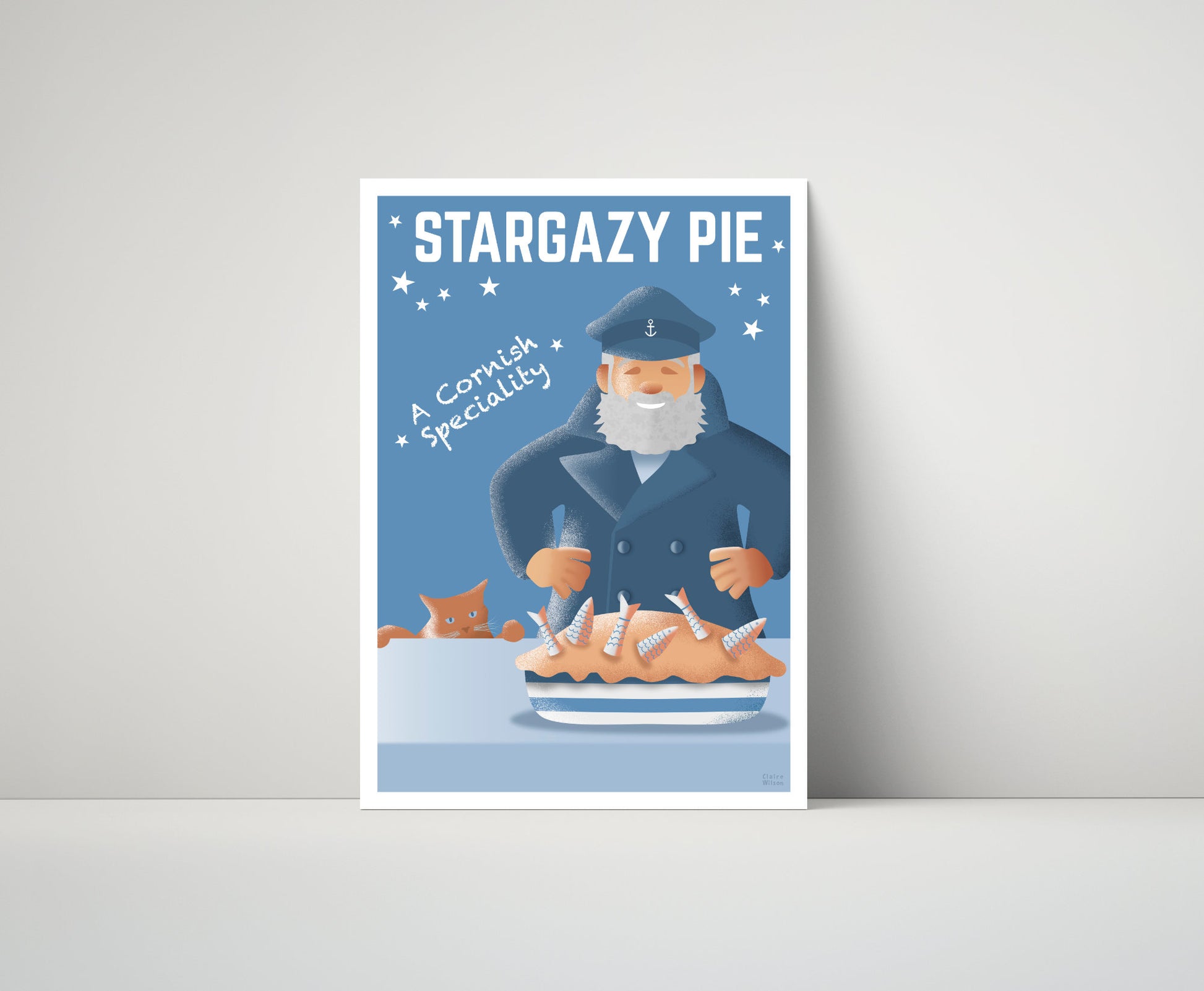 Artwork of a cheerful sailor in navy pea coat, and a delicious pie with fish, and a ginger cat in the distance