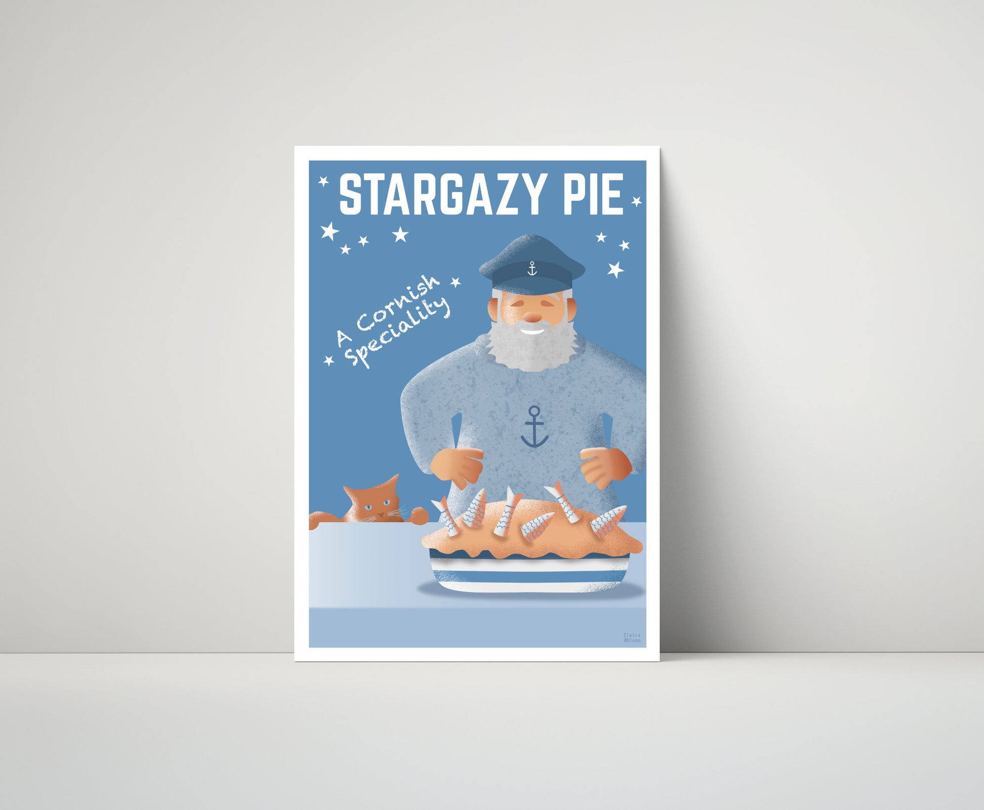 Artwork of a cheerful sailor in pale blue jumper, and a delicious pie with fish, and a ginger cat in the distance