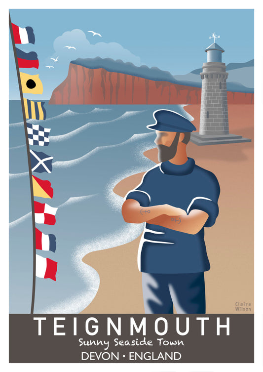 Colourful art print of a fisherman and nautical flags at the seaside, with Teignmouth lighthouse and the Ness cliff in the background