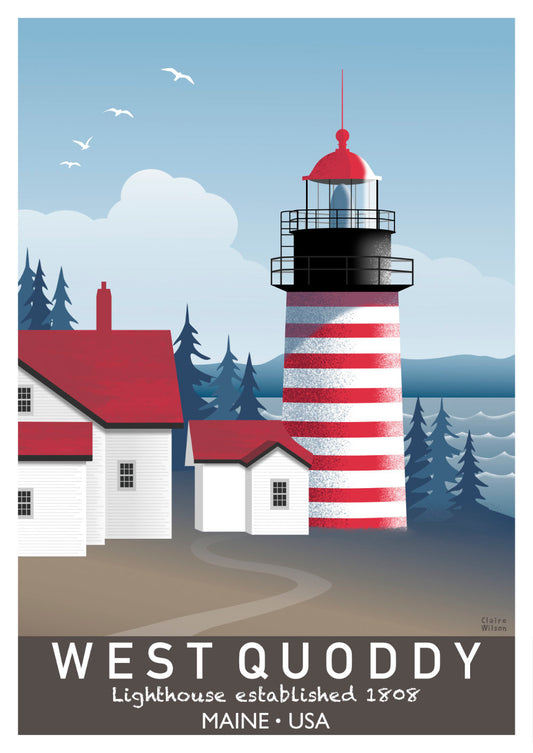 Colourful art print of West Quoddy lighthouse and clapboard houses, with pine trees, mountains and sea in the background