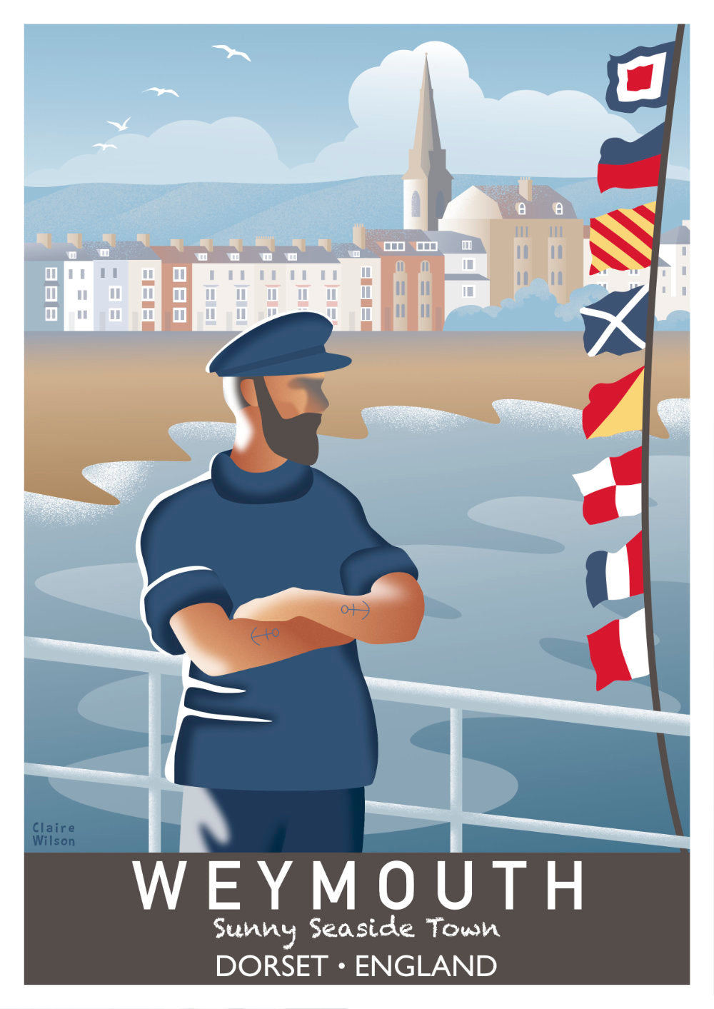 Colourful art print of a fisherman and nautical flags at the seaside, with Weymouth town buildings in the background