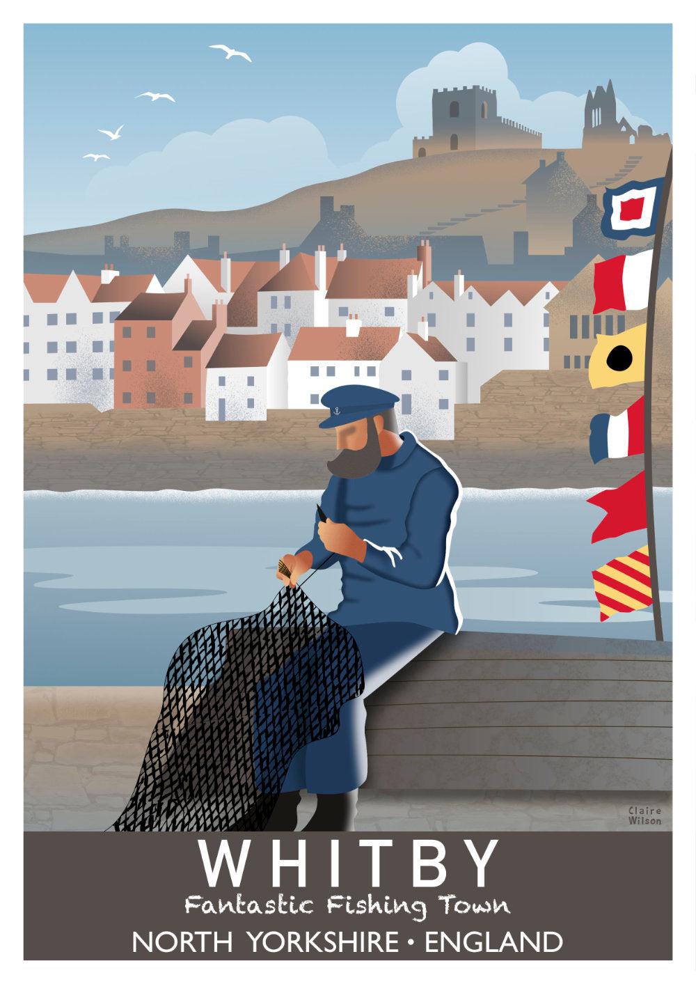 Colourful art print of a fisherman and nautical flags by the sea, with Whitby old town in the background