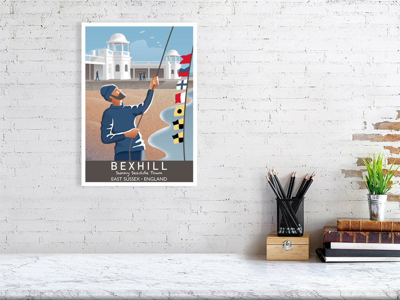 Artwork hanging on wall showing fisherman raising nautical flags on Bexhill seafront