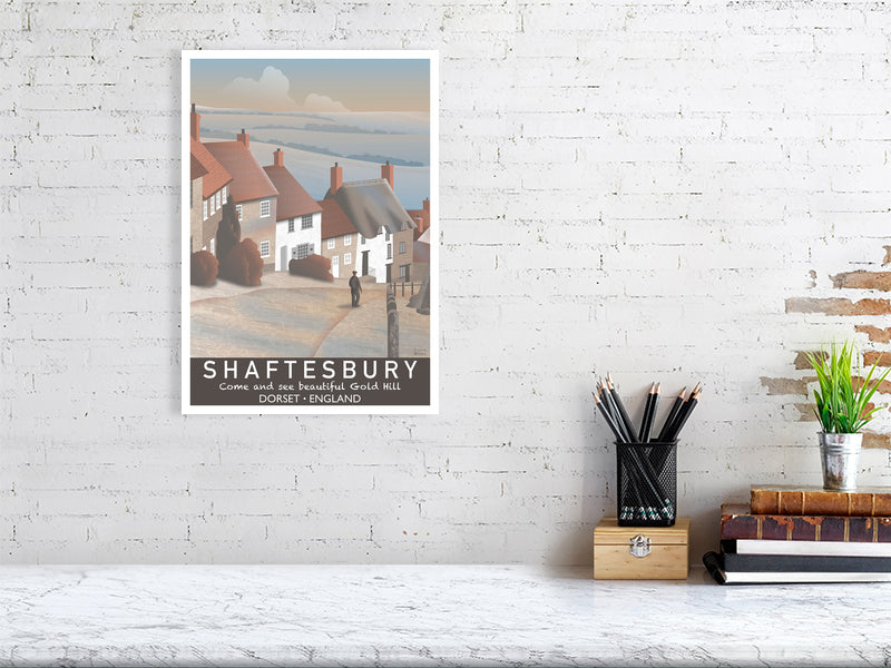 Artwork hanging on wall showing Gold Hill in Shaftesbury