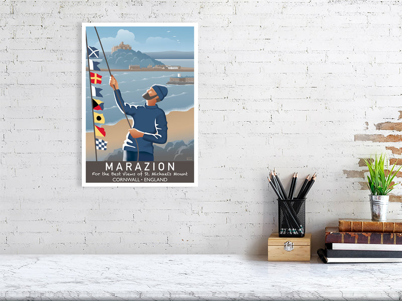 Artwork hanging on wall showing fisherman raising nautical flags at Marazion beach