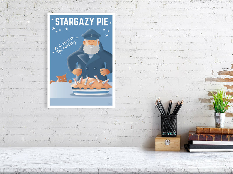 Artwork hanging on wall showing fisherman in navy jacket with a stargazy pie dinner and cat